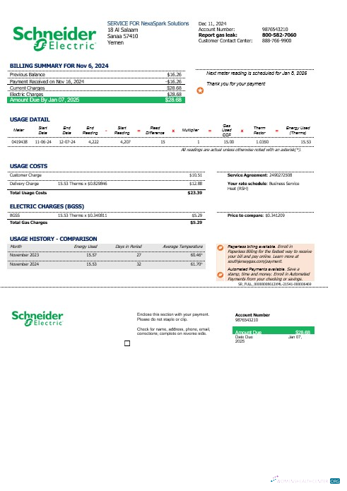 Download Yemen Schneider Electric business utility bill template in Word and PDF formats Photoshop template